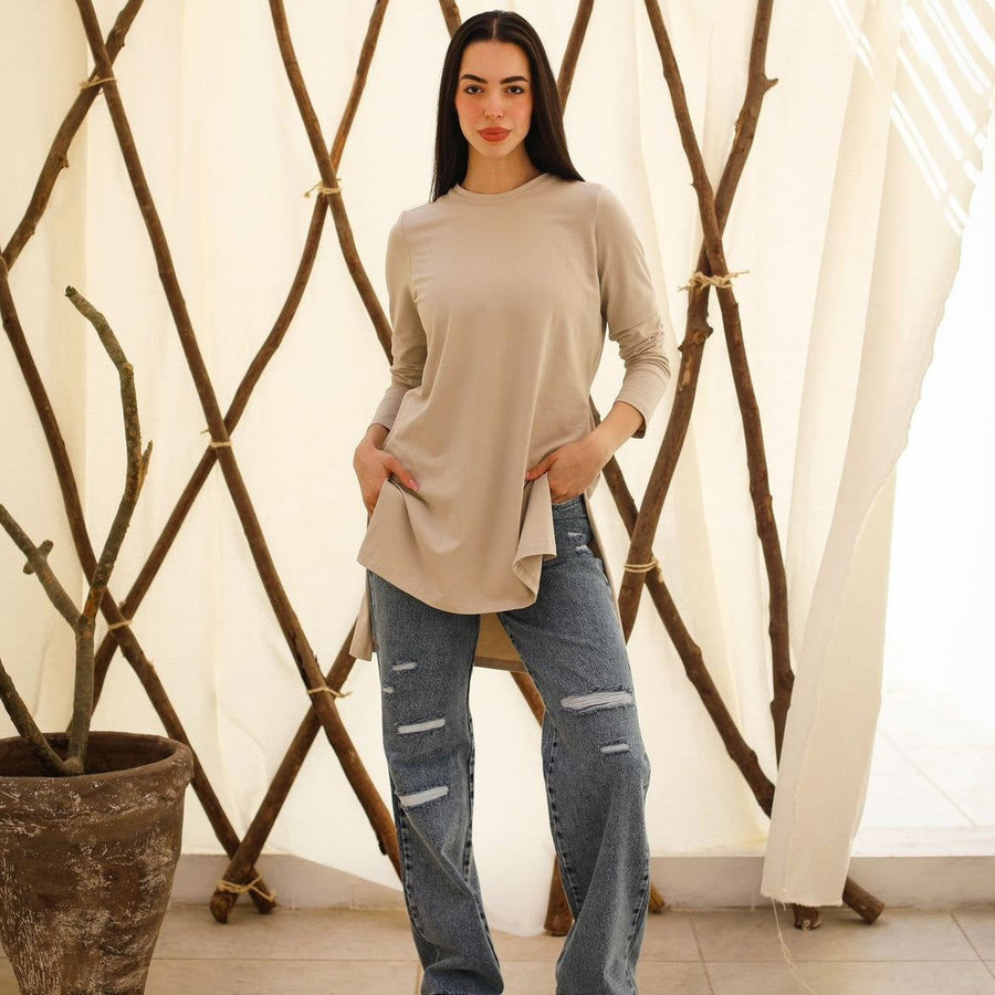 - AB Essential Women Wear - Basic Long Sleeve Top Beige