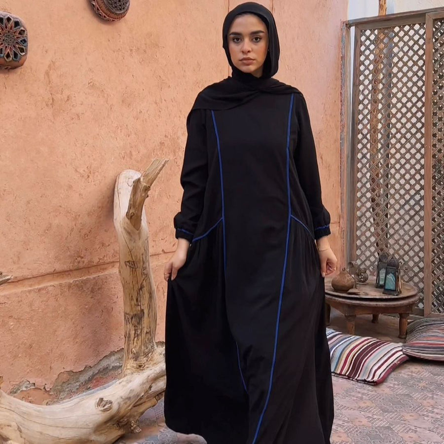 - AB Essential Women Wear - Blue Lines Black Abaya