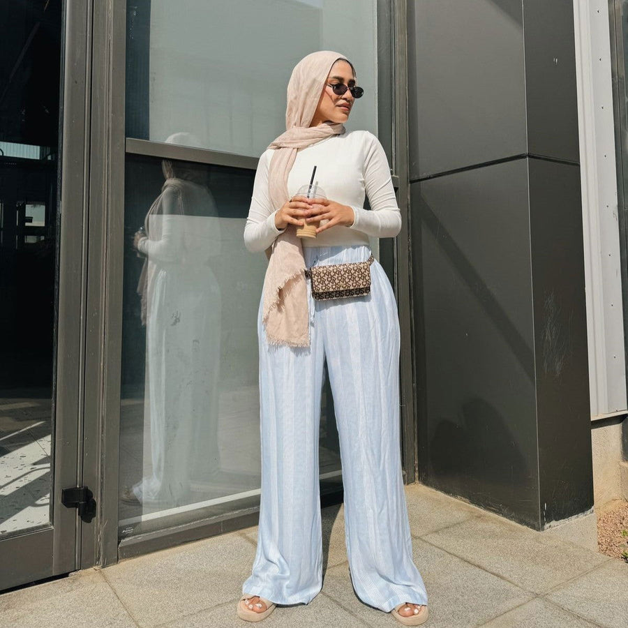 - AB Essential Women Wear - Striped Linen Pants Baby Blue