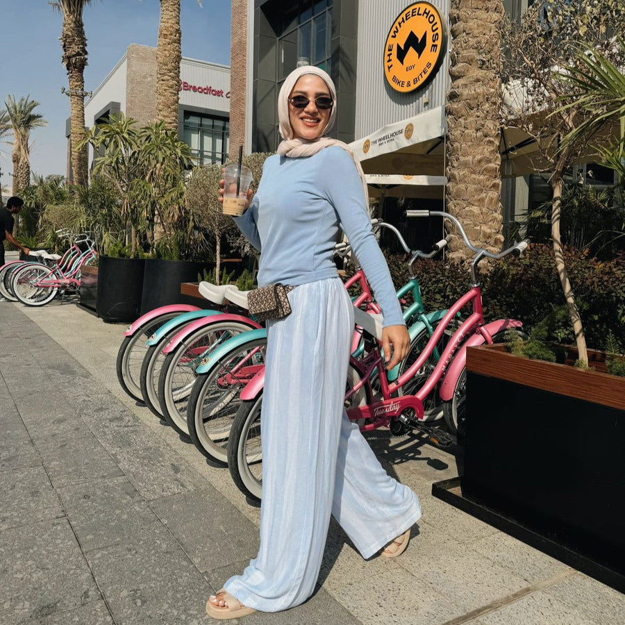 - AB Essential Women Wear - Striped Linen Pants Baby Blue