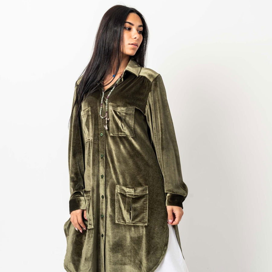 - AB Essential Women Wear - Velvet Pockets Shirt Olive Green