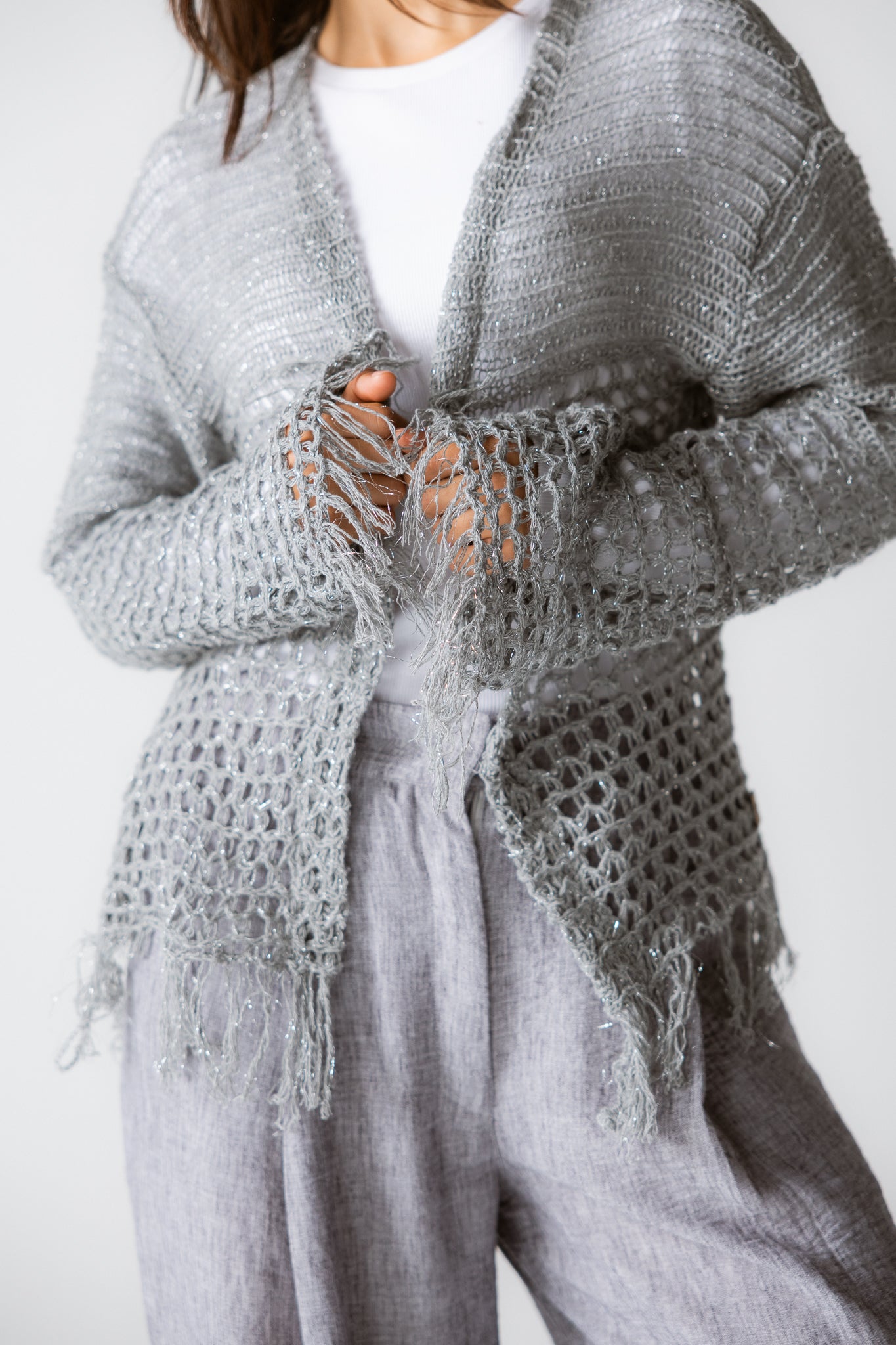 Sun Wave Shimmer Crochet Cardigan Silver - AB ESSENTIALS